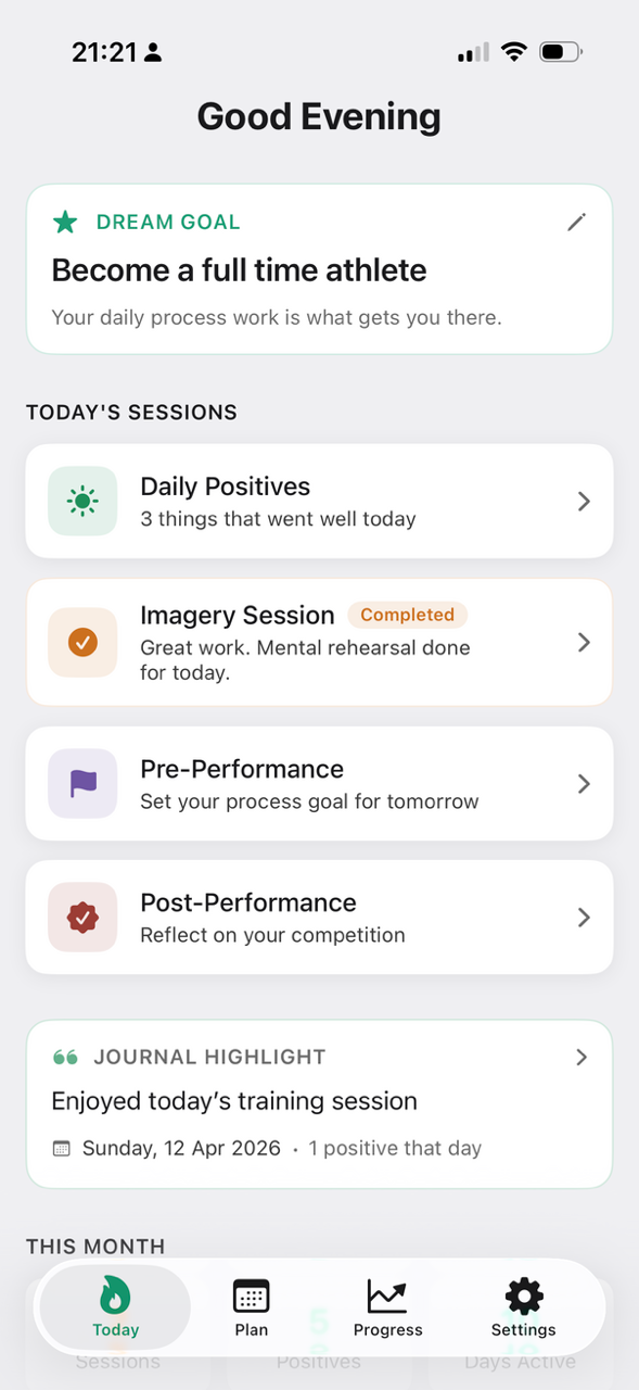 The Neart Today screen showing dream goal, daily positives, imagery session, and performance prompts.