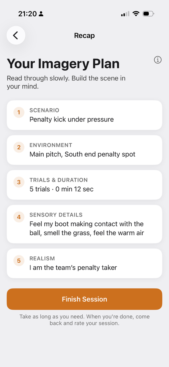 Imagery plan recap showing scenario, environment, trials, sensory details, and realism.