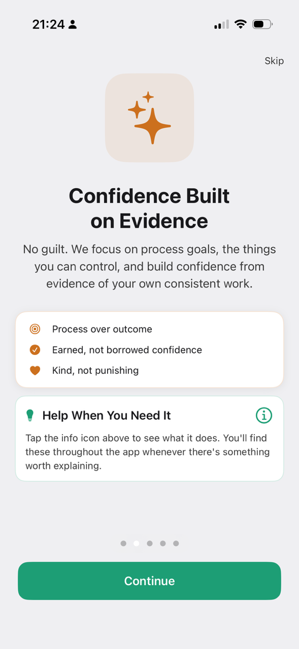 Onboarding screen: Confidence Built on Evidence, with the three pillars of Neart's philosophy.