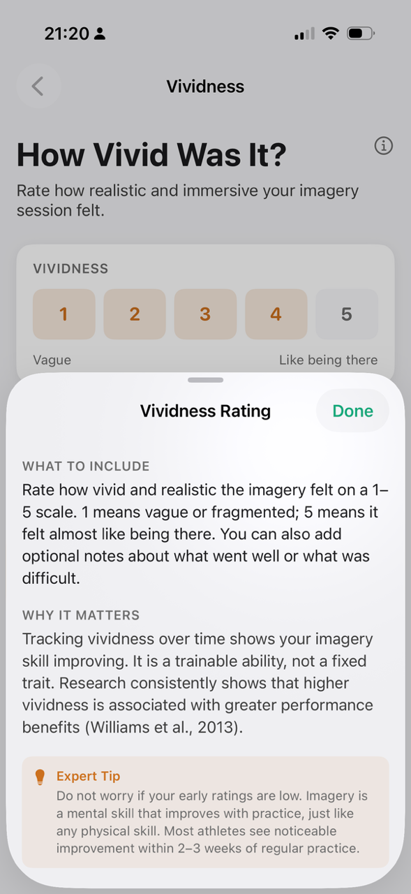 Vividness rating with an info sheet explaining the research behind imagery tracking.