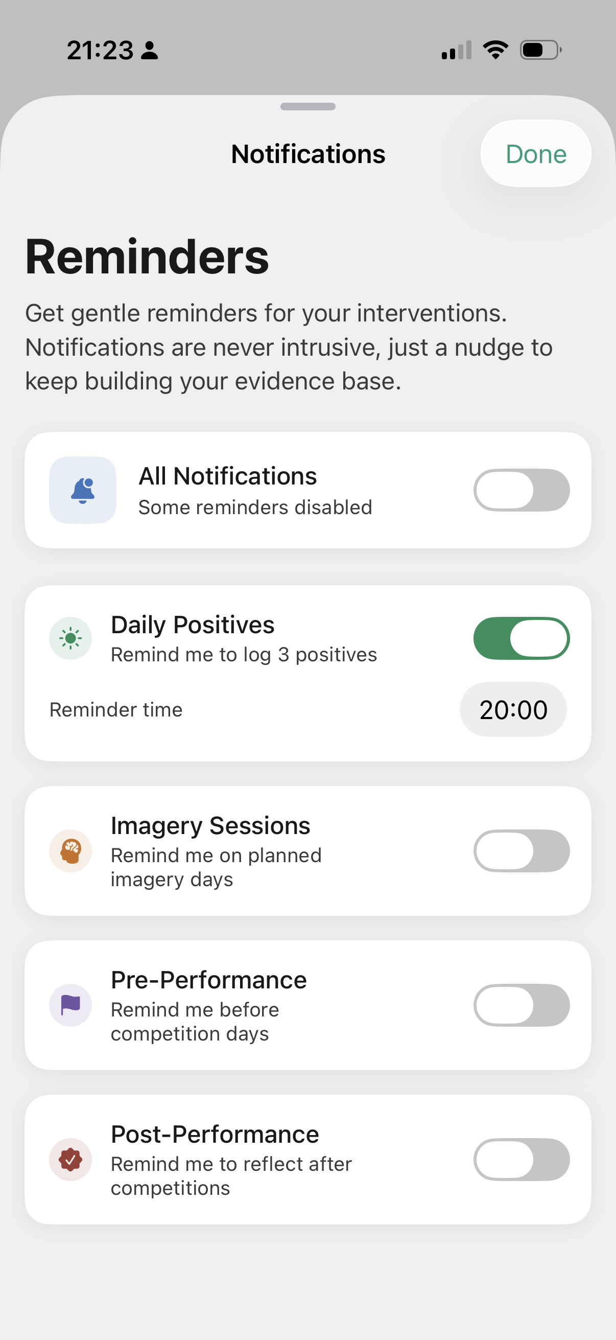 Notifications sheet with toggles for daily positives, imagery, pre- and post-performance reminders.