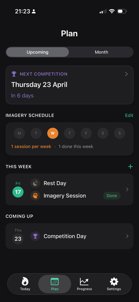 Plan screen showing upcoming competition, imagery schedule, and week overview in dark mode.